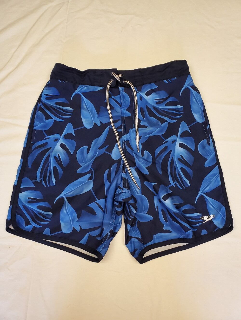 Speedo Board Shorts Mens Small Navy Blue Tropical Monstera Leaf Swim Trunks
